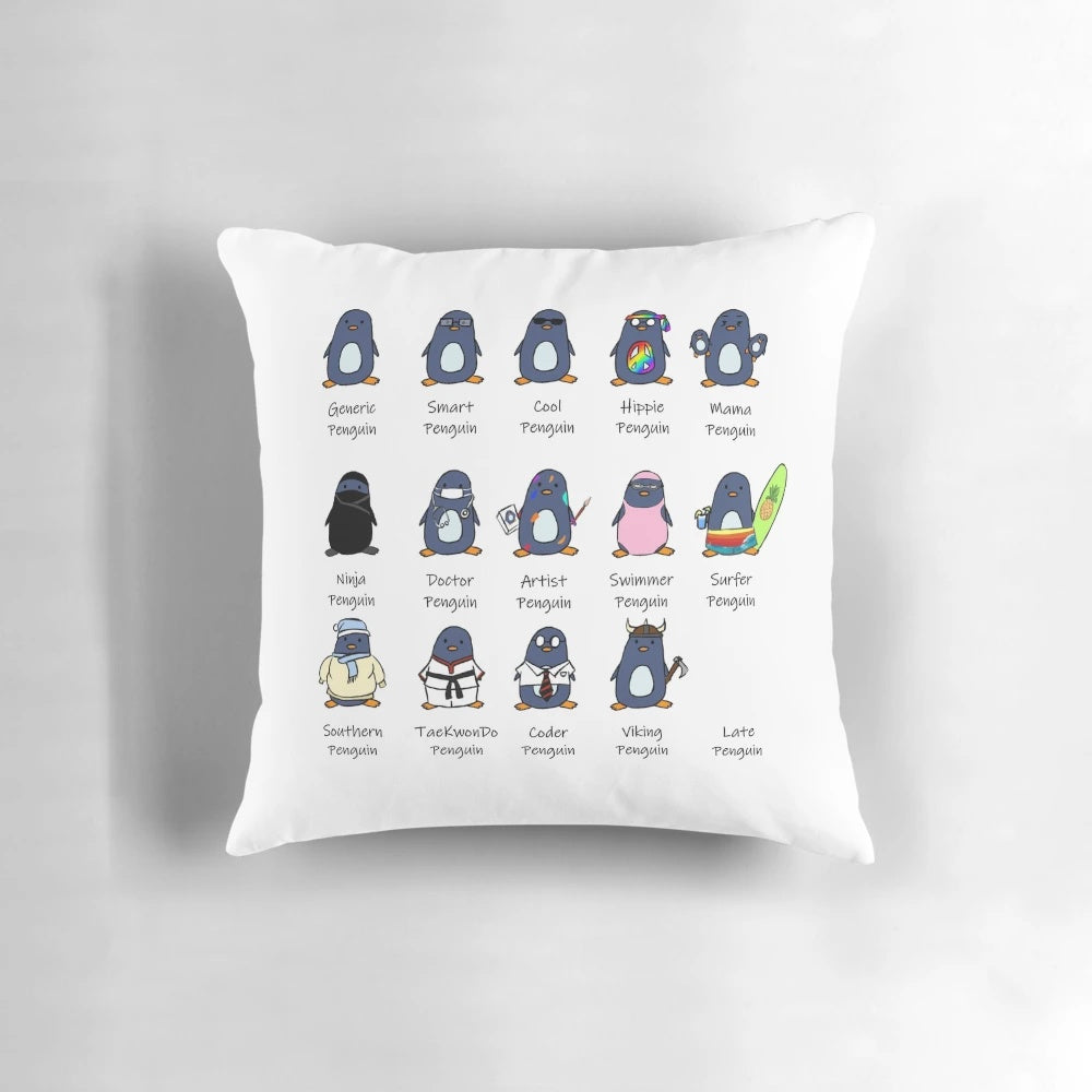 Colorful decorative pillow featuring a cute penguin design