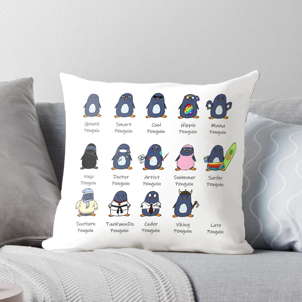 Colorful decorative pillow featuring a cute penguin design