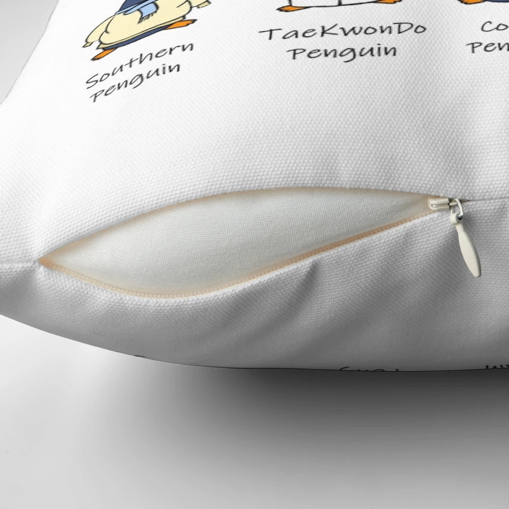 Colorful decorative pillow featuring a cute penguin design