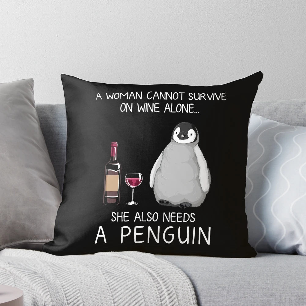 Soft, plush pillow featuring a cute penguin design and wine glass