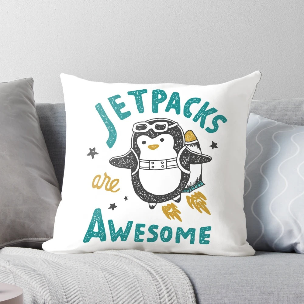 Jetpacks are Awesome Pillow featuring a cute penguin design with playful typography