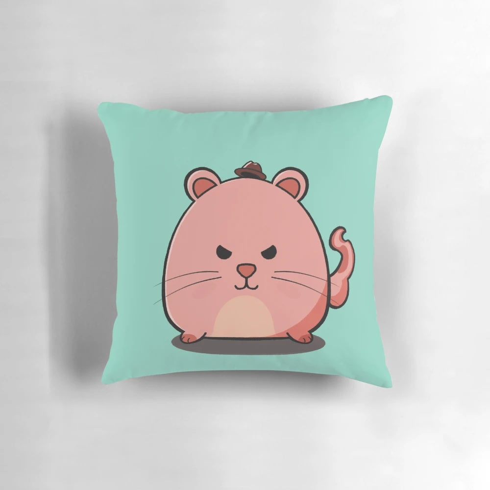 Cozy pet pillow featuring a playful cat wearing a charming hat