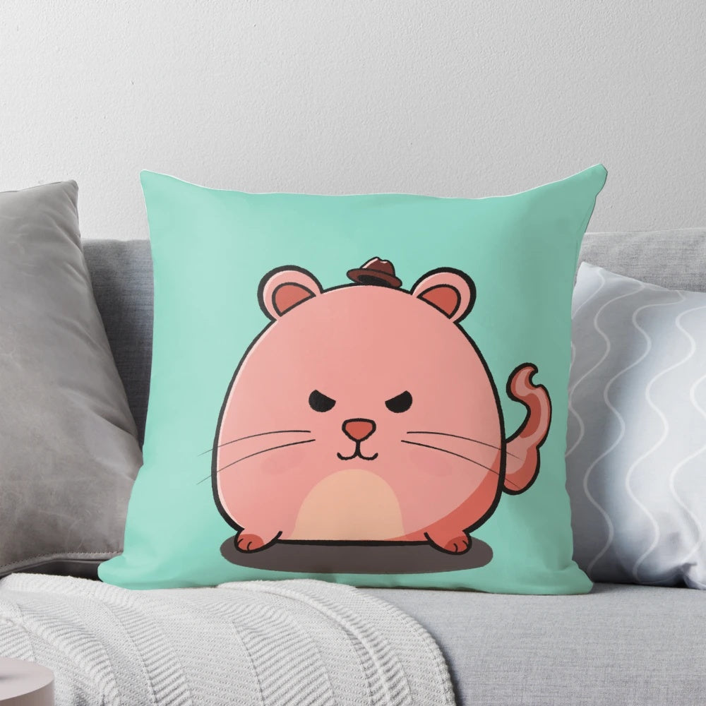 Cozy pet pillow featuring a playful cat wearing a charming hat