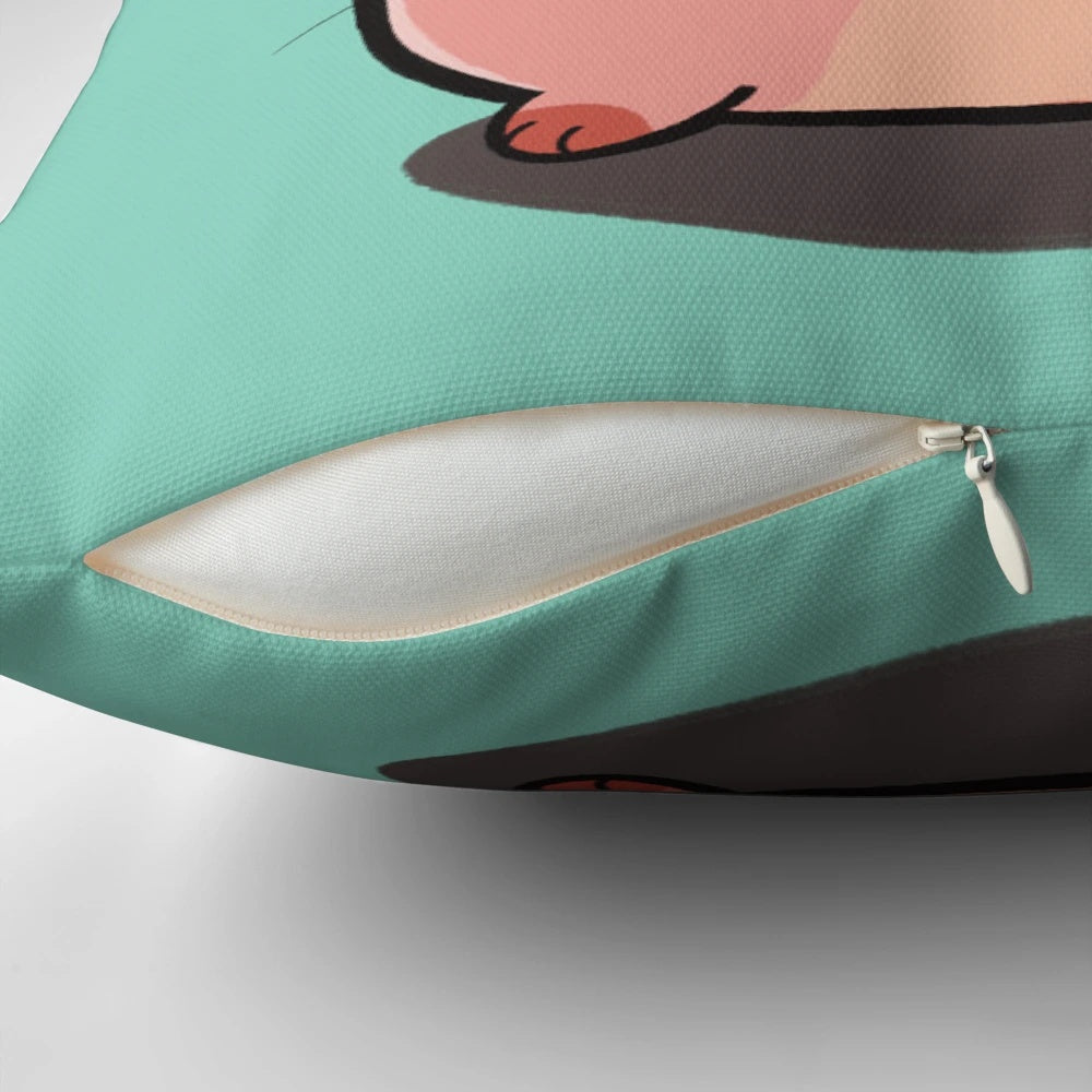 Cozy pet pillow featuring a playful cat wearing a charming hat