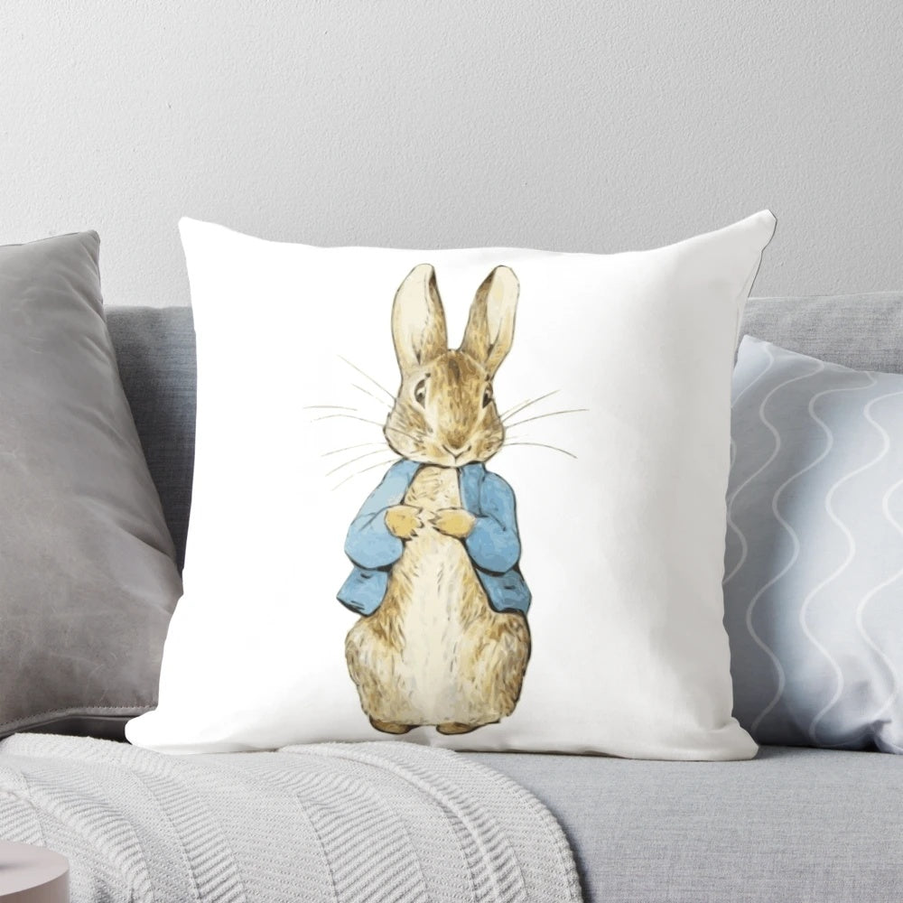 Soft, cuddly Peter Bunny plush pillow featuring a cute cartoon rabbit design inspired by Beatrix Potter's classic stories.