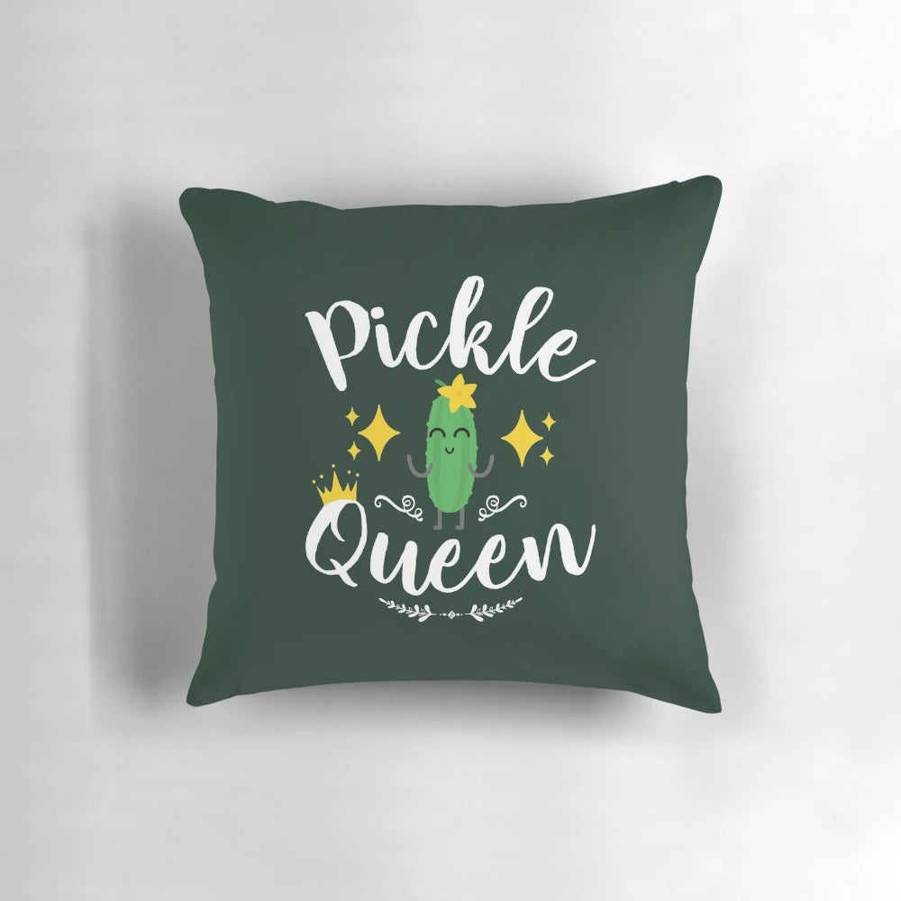 Cute green pickle-shaped pillow with the text "Pickle Queen"