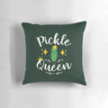 Cute green pickle-shaped pillow with the text "Pickle Queen"