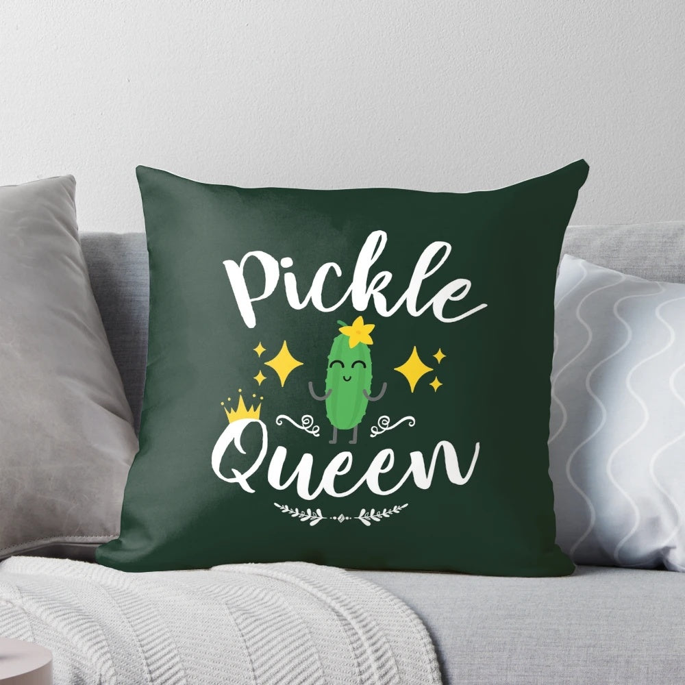 Cute green pickle-shaped pillow with the text "Pickle Queen"