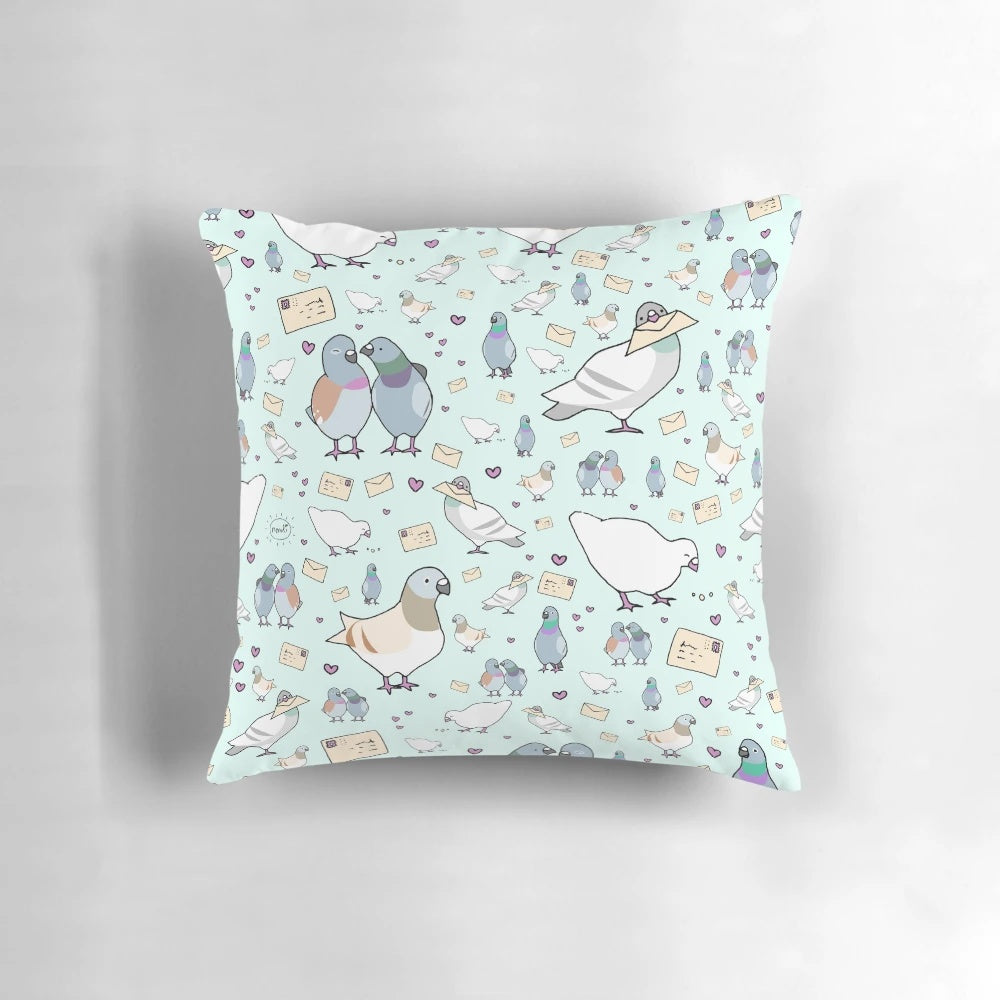 Soft, plush pillow featuring a vibrant, detailed image of cute, cooing pigeons.