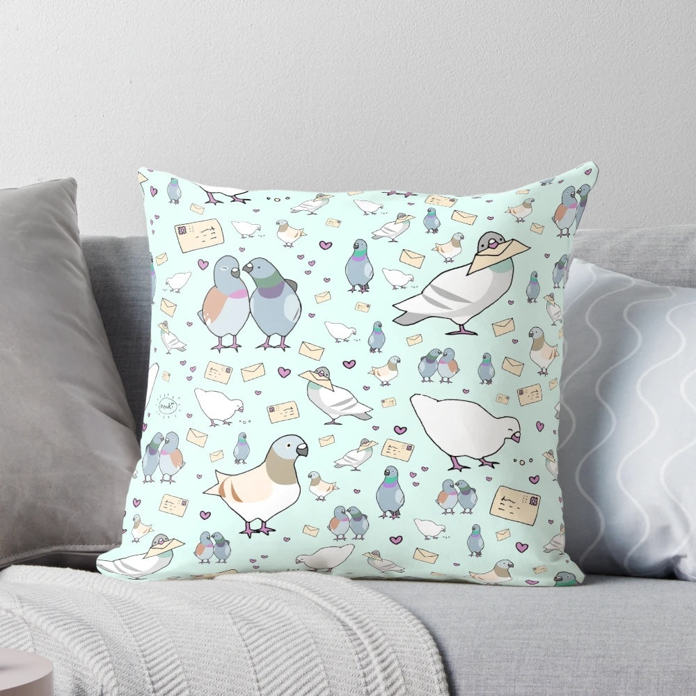 Soft, plush pillow featuring a vibrant, detailed image of cute, cooing pigeons.