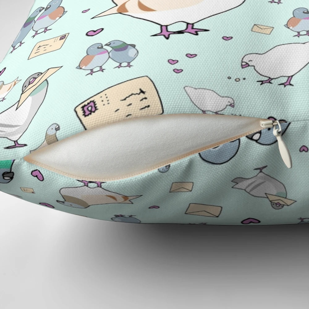 Soft, plush pillow featuring a vibrant, detailed image of cute, cooing pigeons.