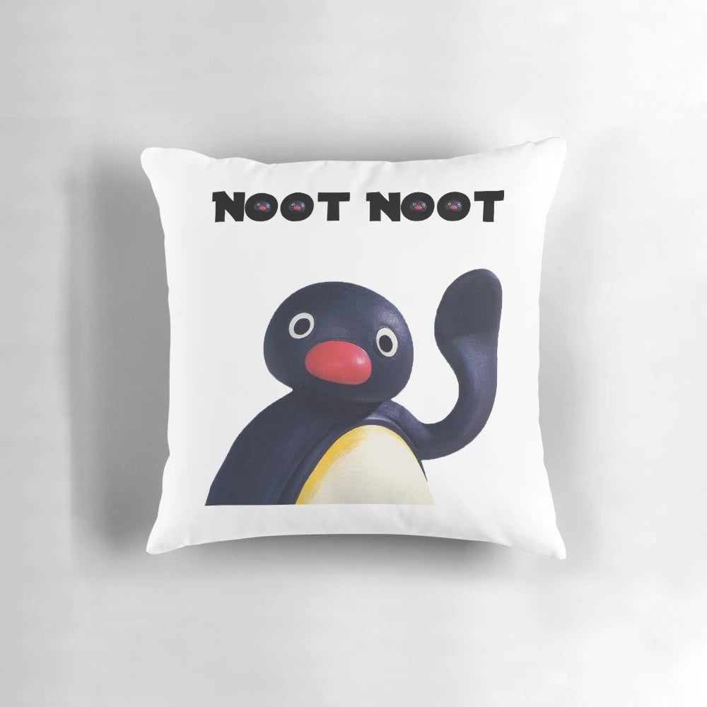 Soft, plush Pingu the Penguin pillow with the iconic "Noot Noot" catchphrase.