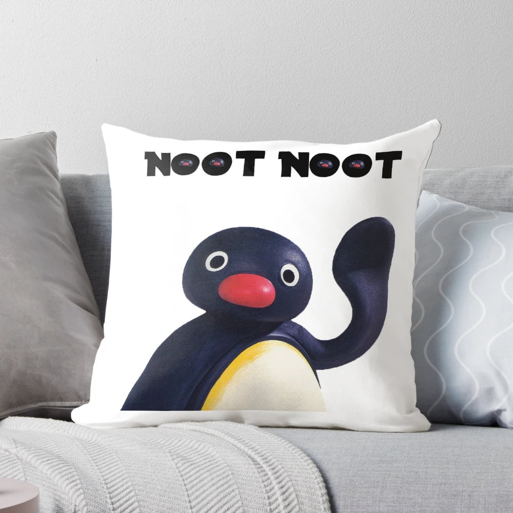 Soft, plush Pingu the Penguin pillow with the iconic "Noot Noot" catchphrase.
