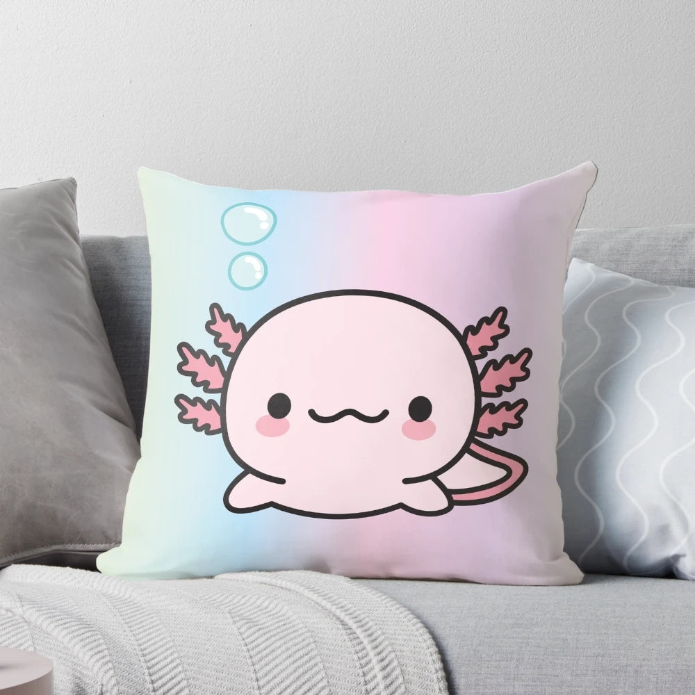 Soft, pink axolotl-shaped pillow with a playful, doodle-like design, perfect for adding a touch of cuteness to any room.
