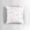 A fluffy pink pillow with a charming dinosaur print, perfect for adding a touch of whimsy to any space.