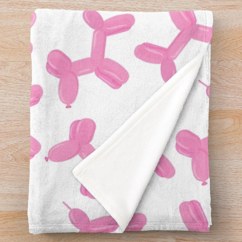 Soft pink dog balloon plush blanket with cute cartoon dog design