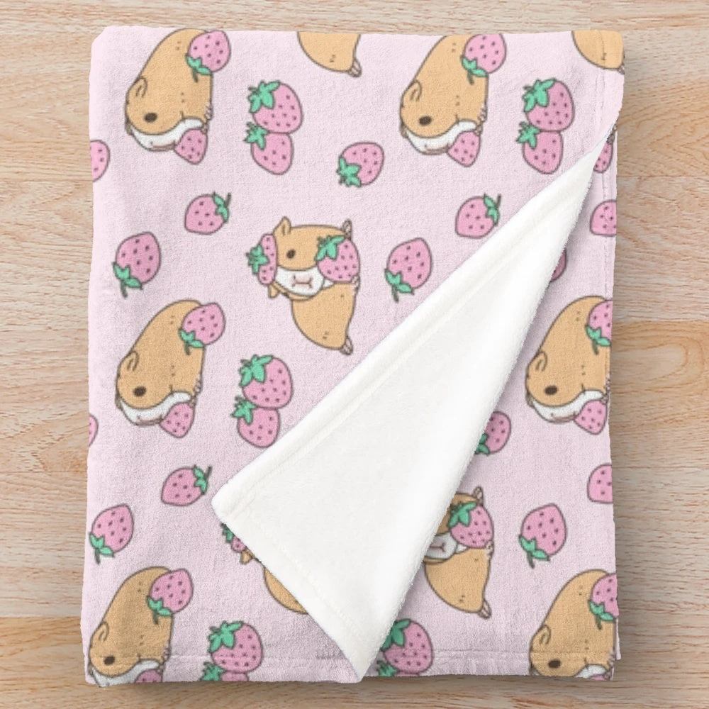 Pink guinea pig and strawberry pattern plush blanket