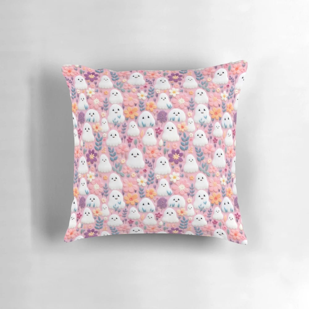 Cute pink and pastel floral Halloween pillow with a spooky boo ghost design