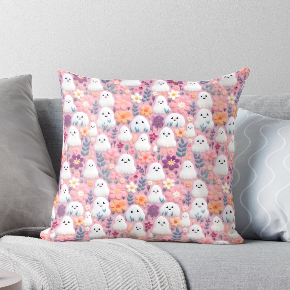 Cute pink and pastel floral Halloween pillow with a spooky boo ghost design