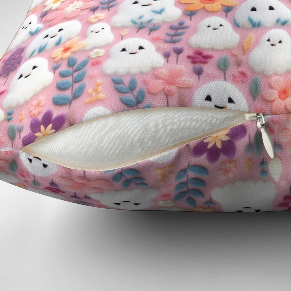 Cute pink and pastel floral Halloween pillow with a spooky boo ghost design