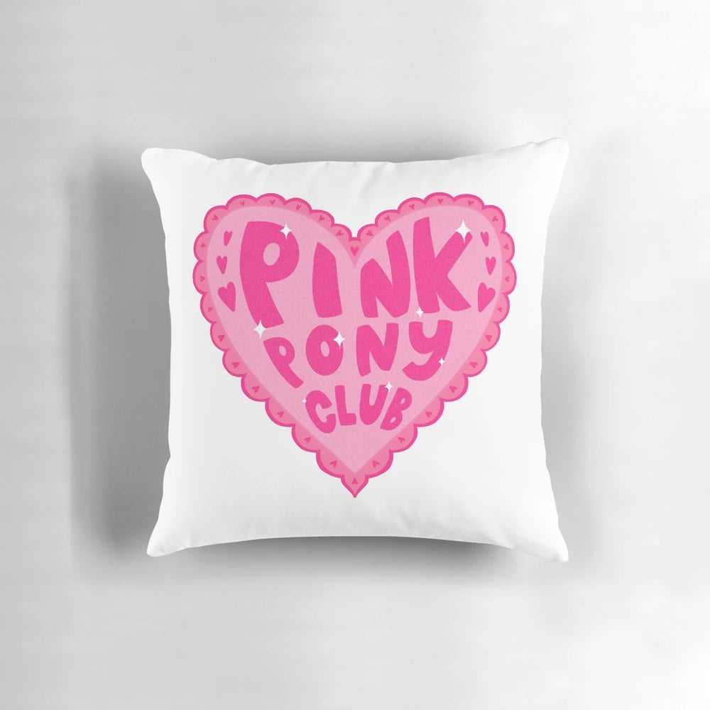 Soft, pink pillow with a sticker design inspired by the Chappell Roan song "Pink Pony Club".