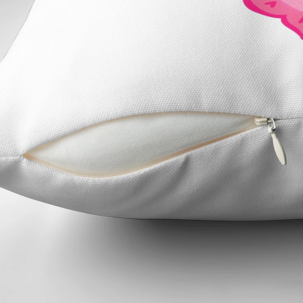 Soft, pink pillow with a sticker design inspired by the Chappell Roan song "Pink Pony Club".