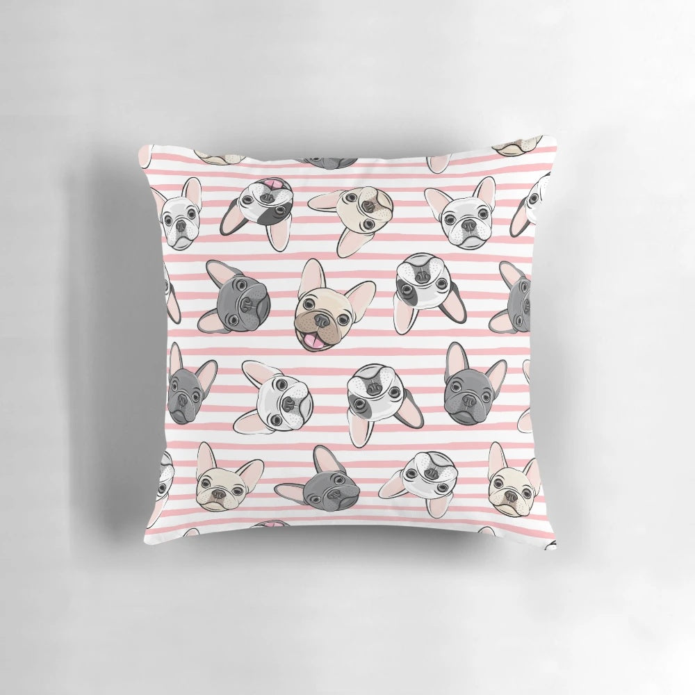 Soft, plush Pillow featuring a pink and white striped French Bulldog design.