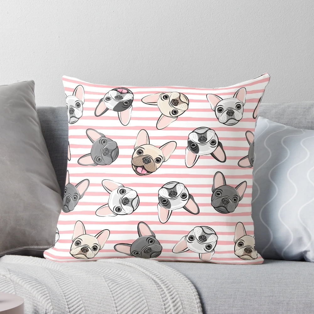 Soft, plush Pillow featuring a pink and white striped French Bulldog design.