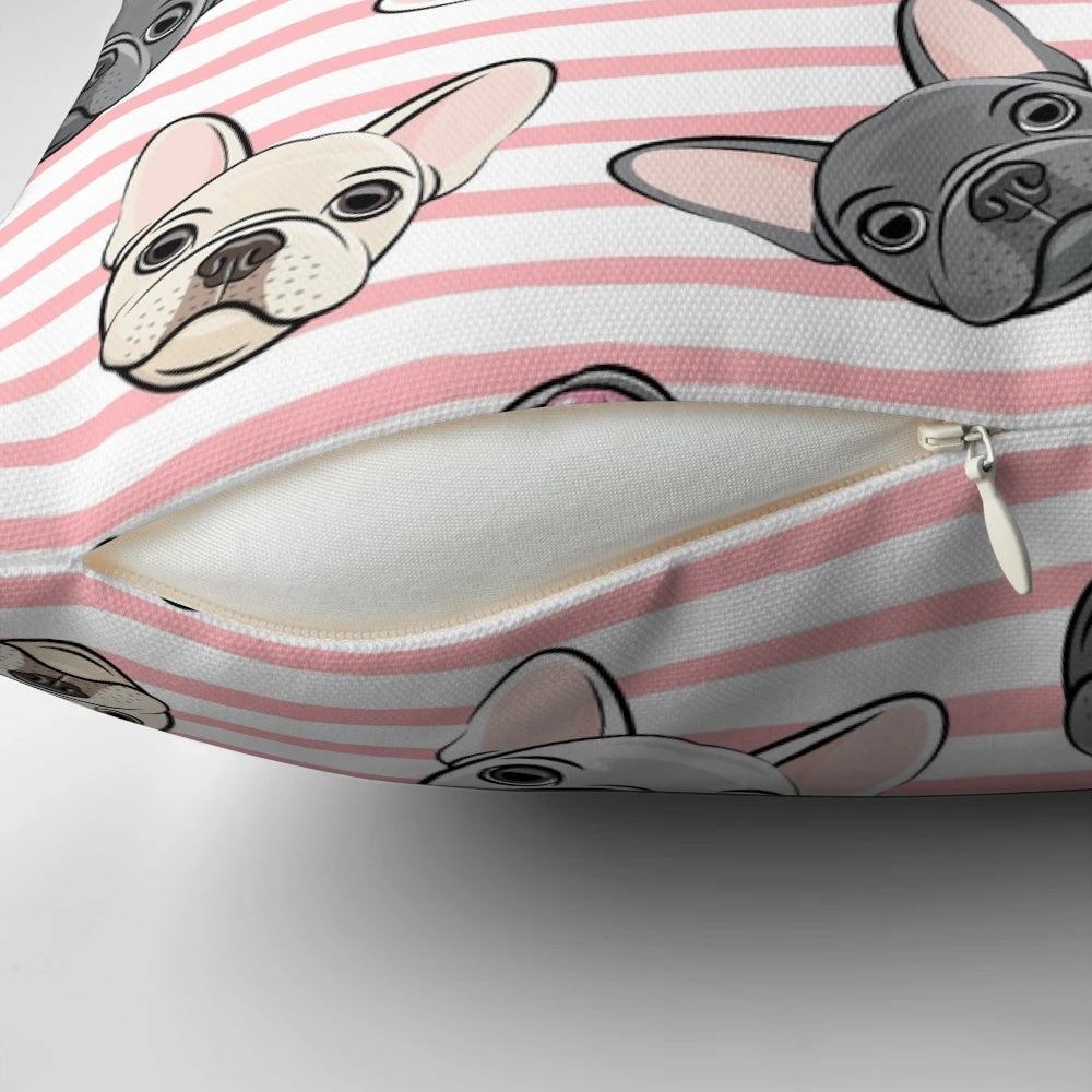 Soft, plush Pillow featuring a pink and white striped French Bulldog design.