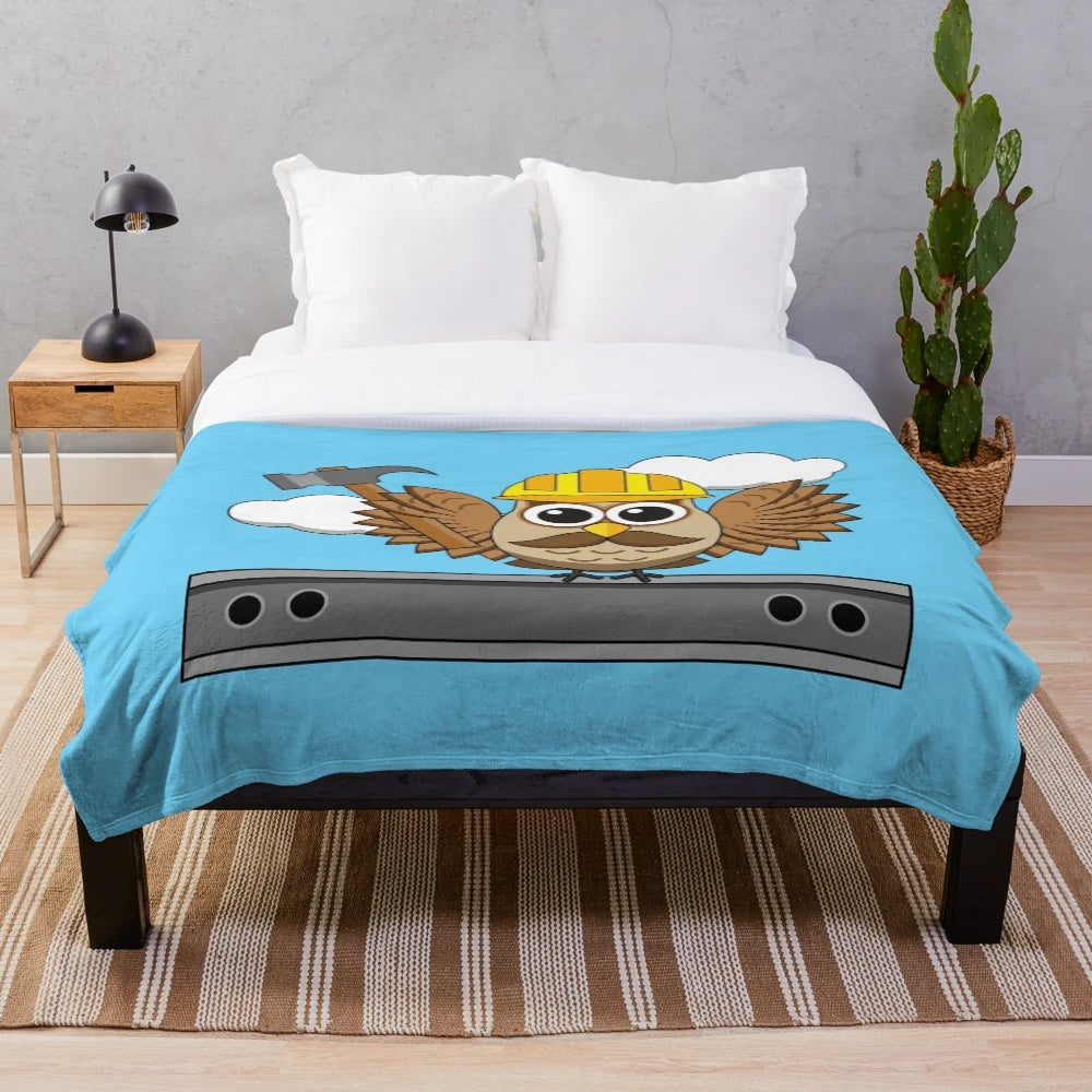 Cute cartoon construction worker owl wearing hard hat on plush blanket