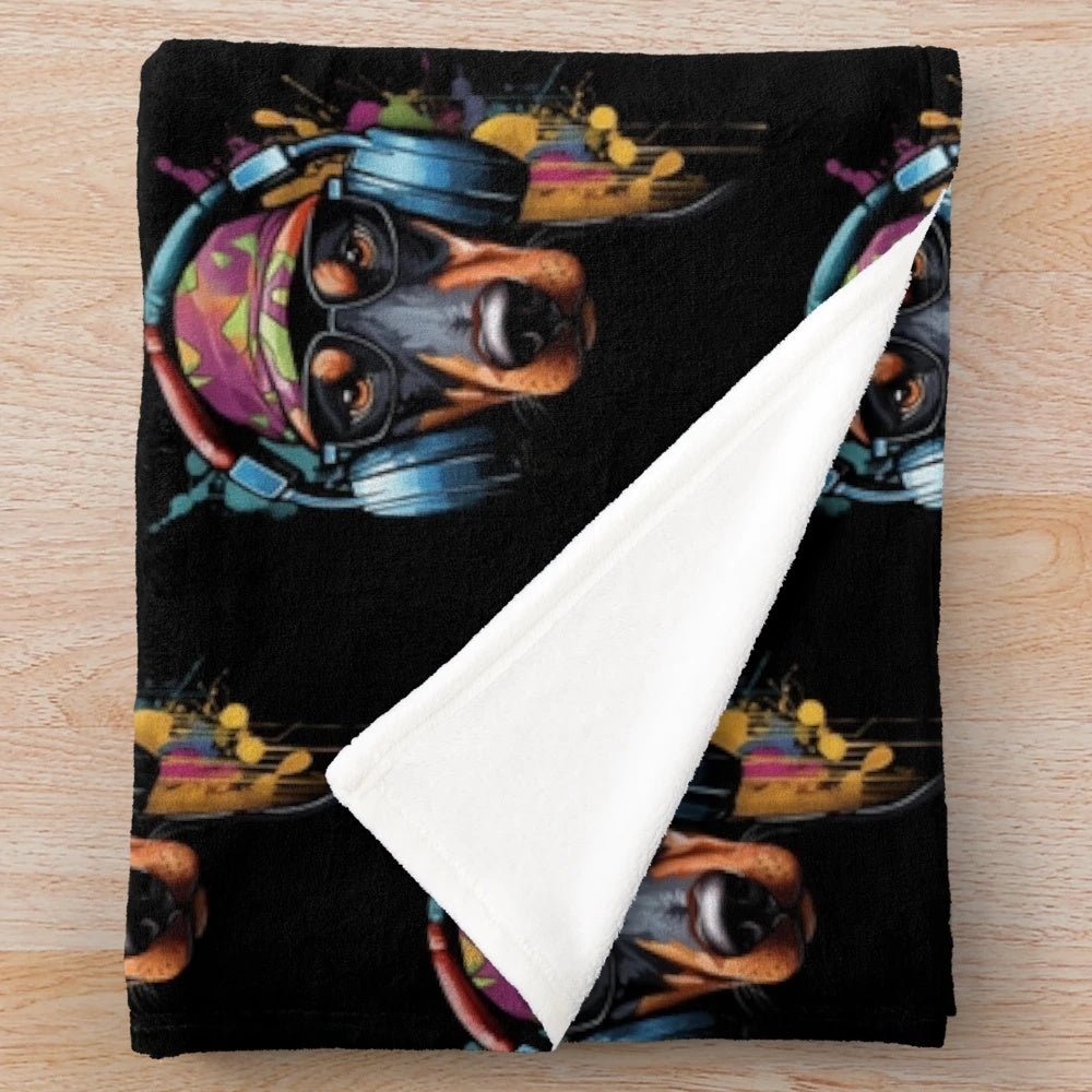 Cute plush blanket featuring a Doberman dog wearing a hat, glasses, and headphones