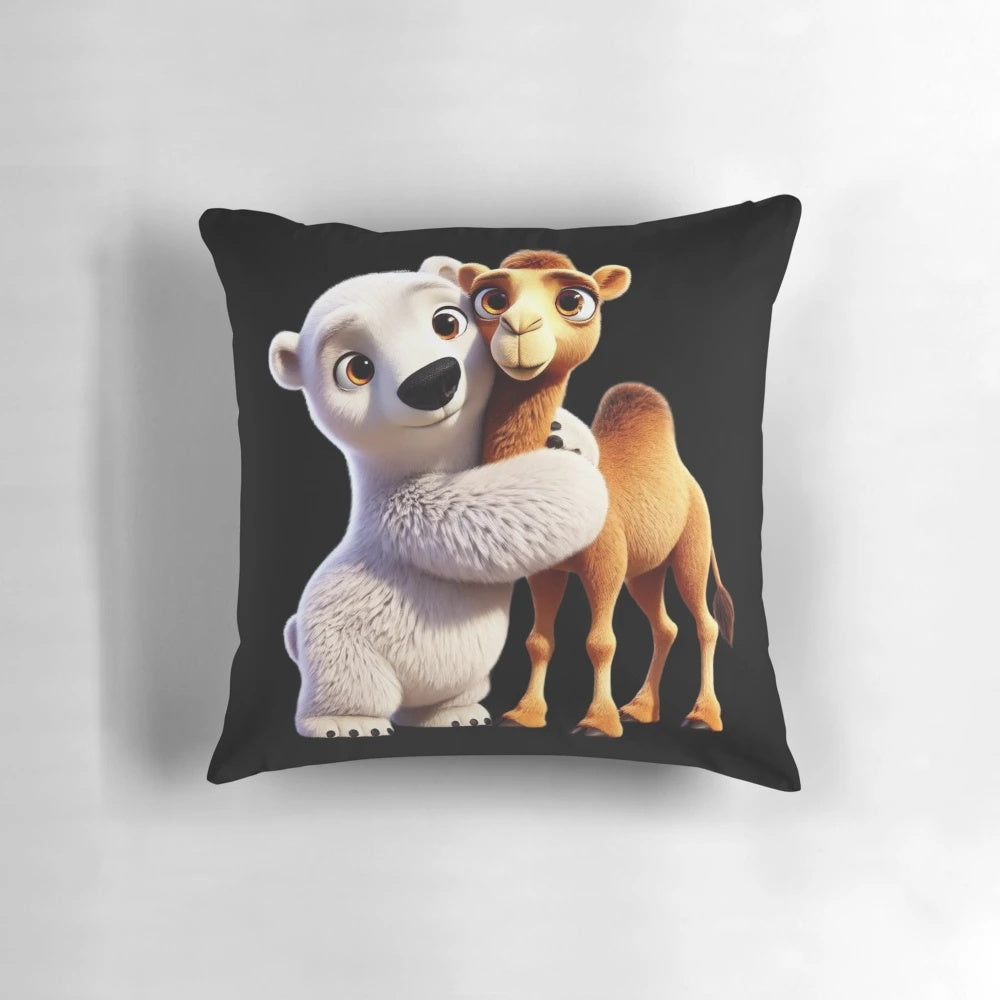 Illustration of a polar bear and camel hugging, showcasing an unlikely but adorable friendship.