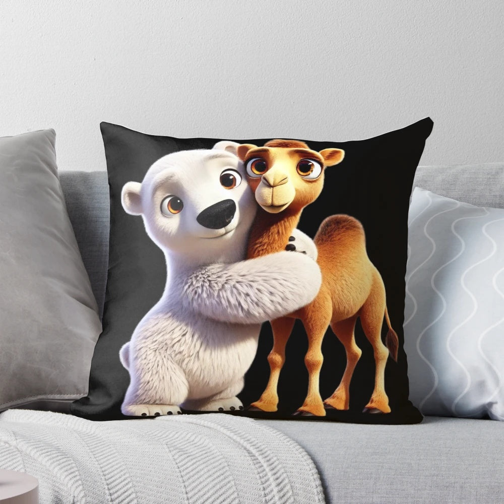 Illustration of a polar bear and camel hugging, showcasing an unlikely but adorable friendship.
