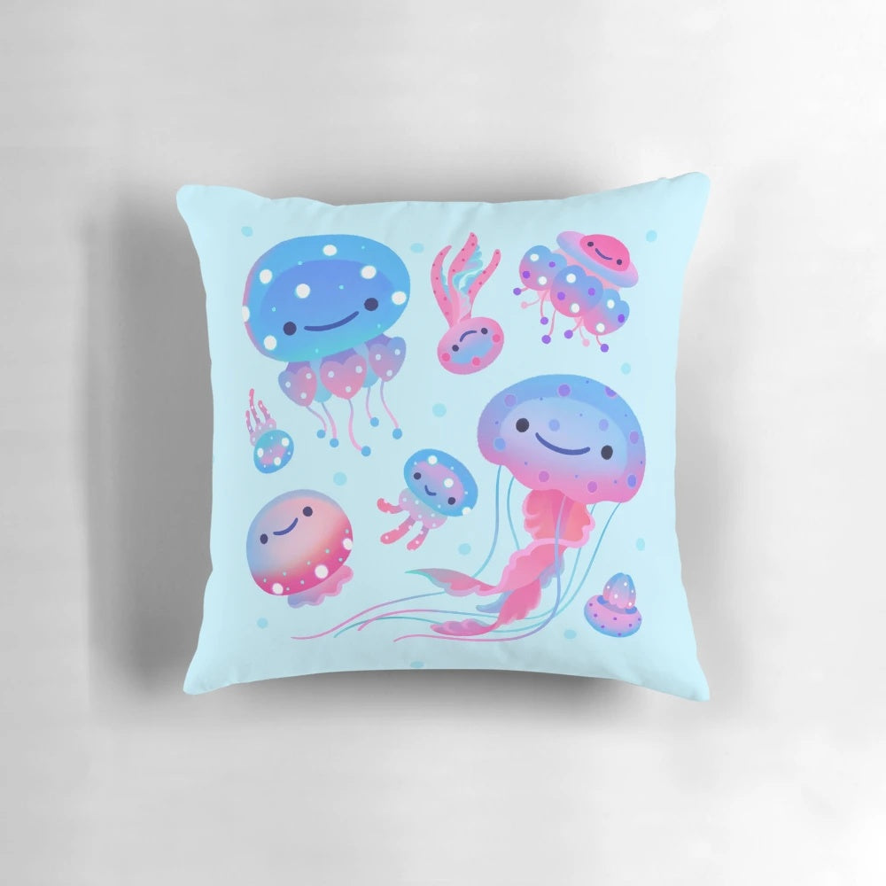 Polka dot jellyfish-themed accent pillow in pastel pink and blue colors
