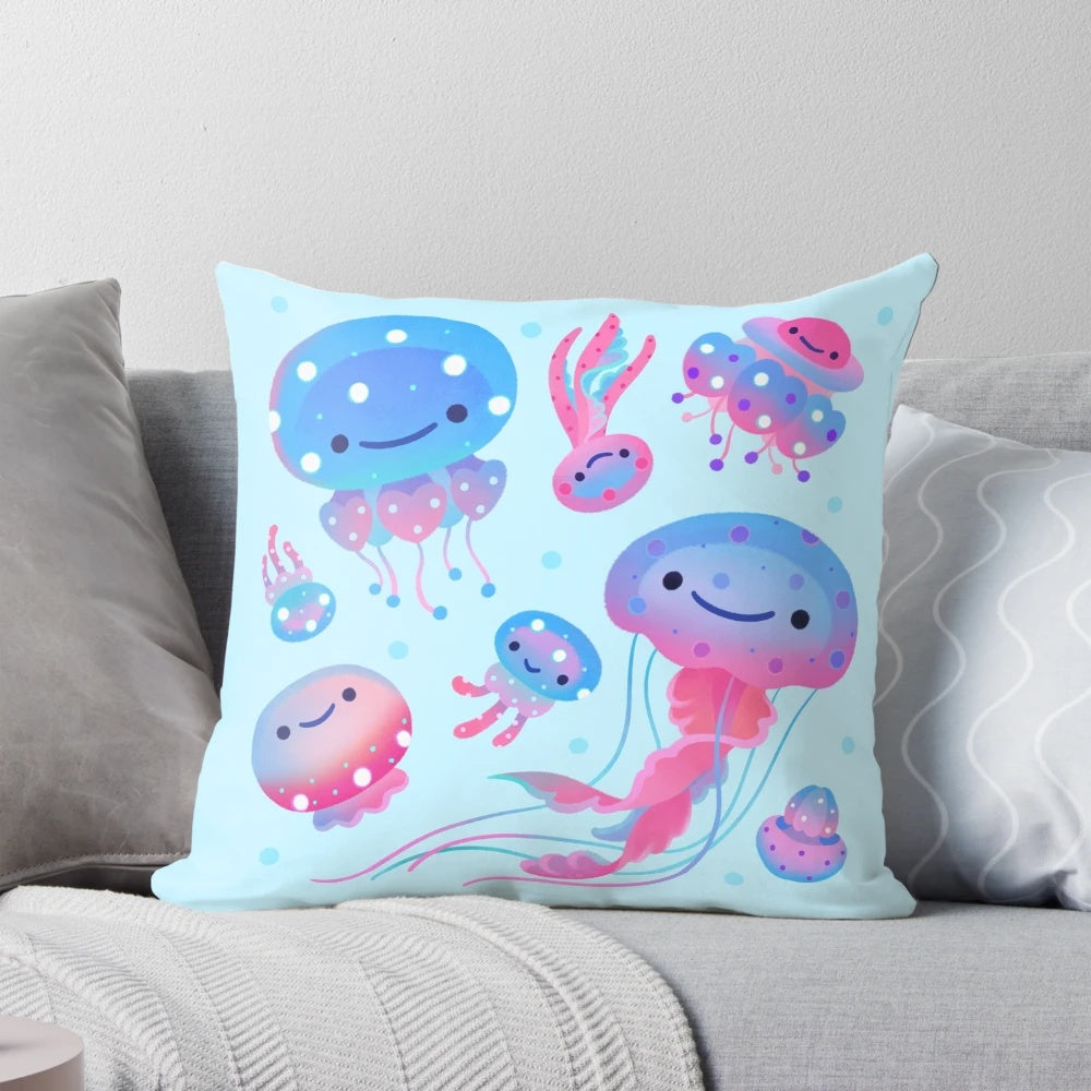 Polka dot jellyfish-themed accent pillow in pastel pink and blue colors