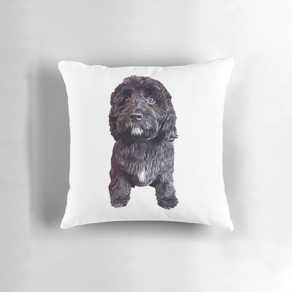 Soft and cuddly pillow featuring an adorable poodle cross puppy in a chocolate color