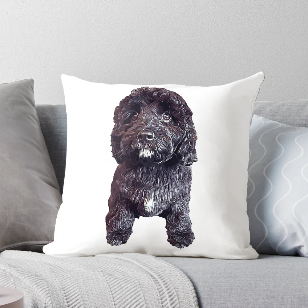 Soft and cuddly pillow featuring an adorable poodle cross puppy in a chocolate color