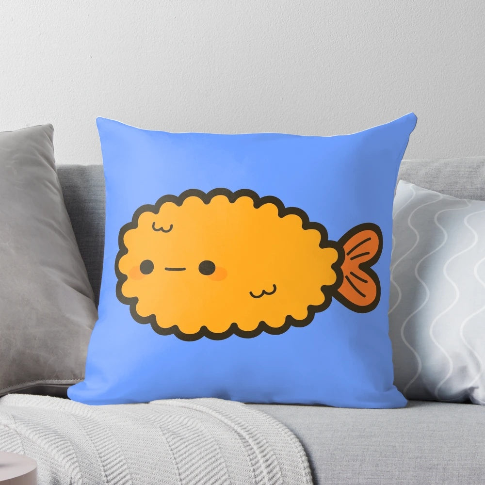 Cute and whimsical throw pillow featuring an illustration of delicious prawn tempura