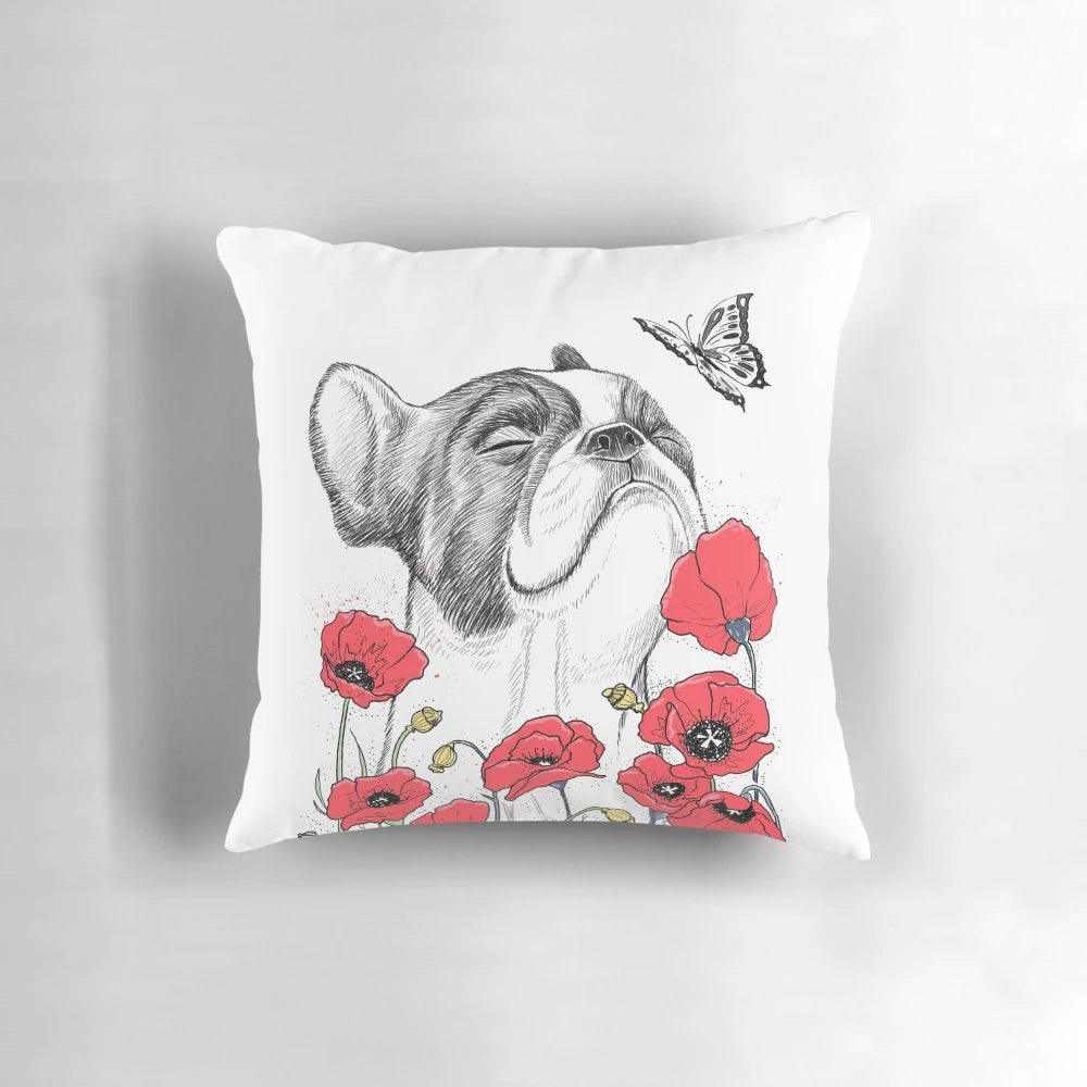 Pug in a colorful floral design on a throw pillow
