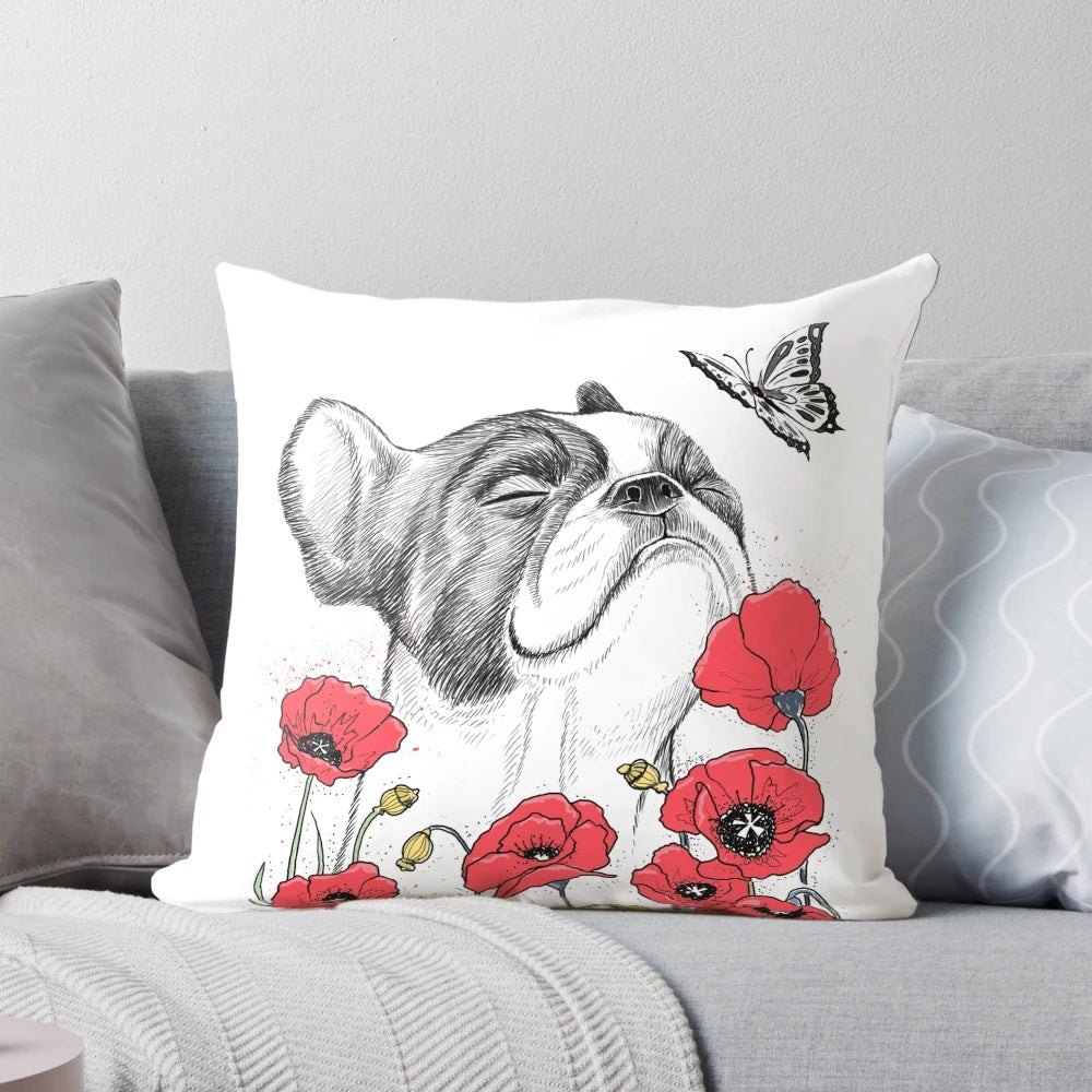Pug in a colorful floral design on a throw pillow