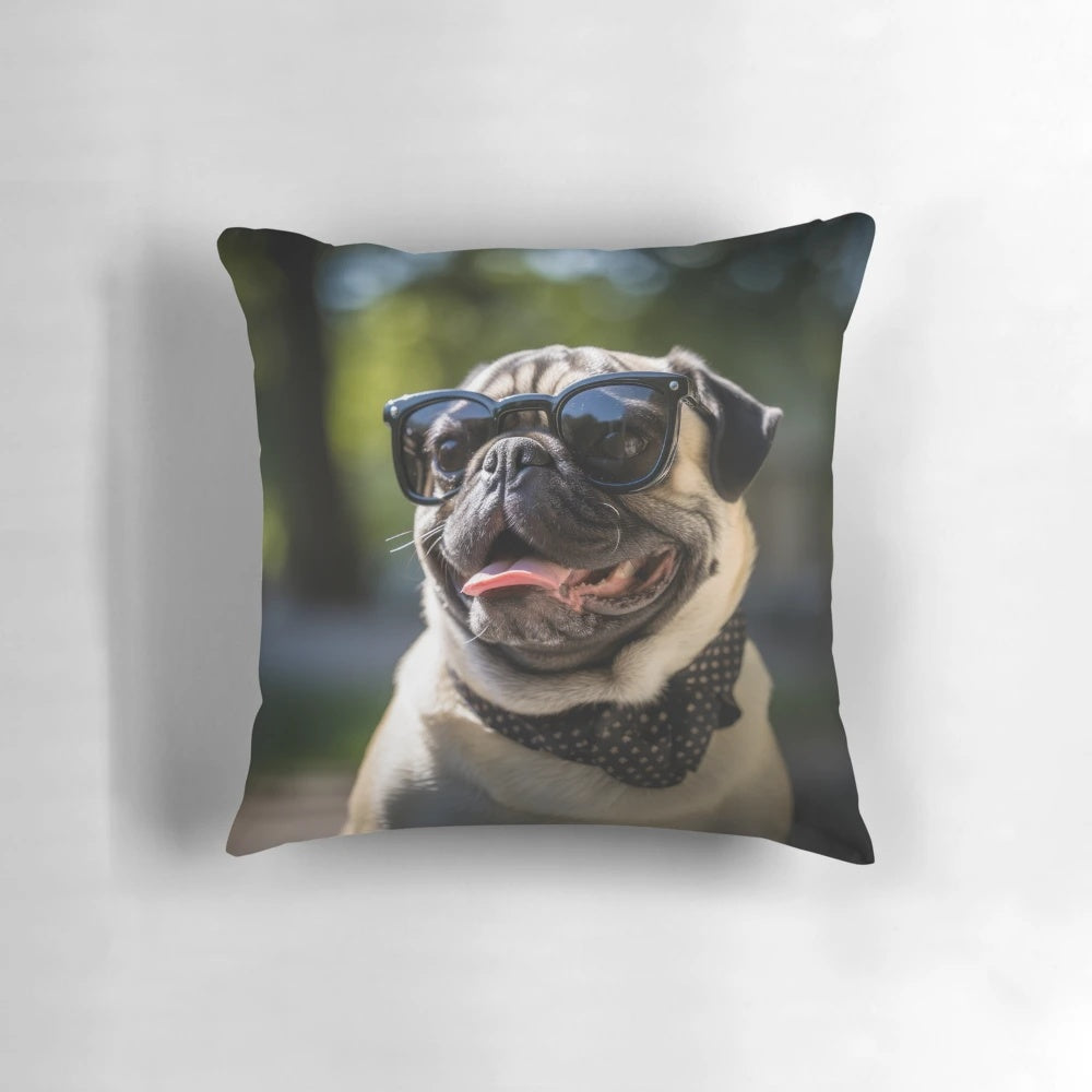 Soft and plush pug-themed decorative throw pillow in light blue