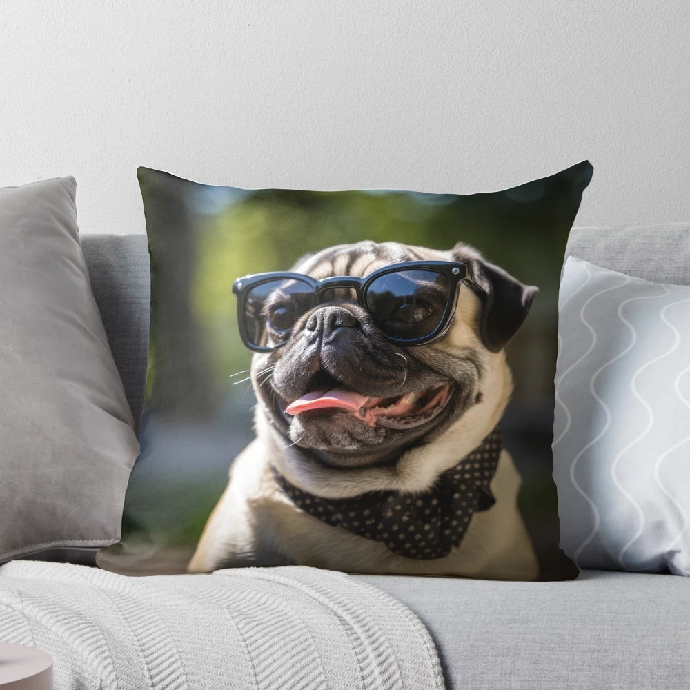 Soft and plush pug-themed decorative throw pillow in light blue