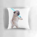 Cute pug puppy holding a lightsaber printed on a plush, high-quality pillow