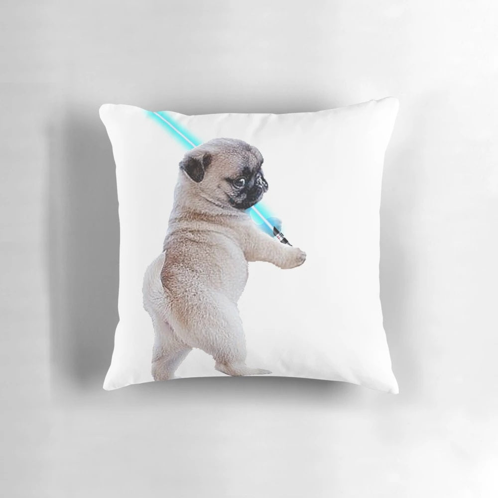Cute pug puppy holding a lightsaber printed on a plush, high-quality pillow
