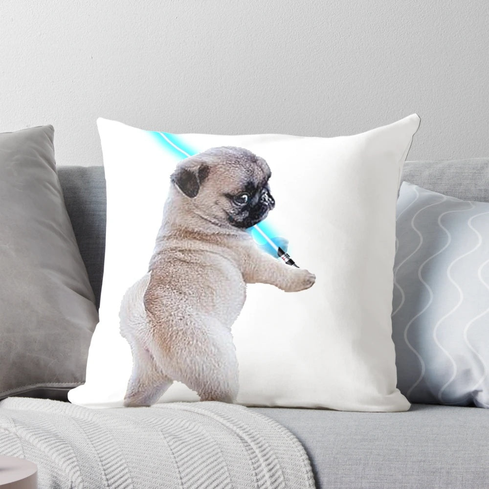 Cute pug puppy holding a lightsaber printed on a plush, high-quality pillow