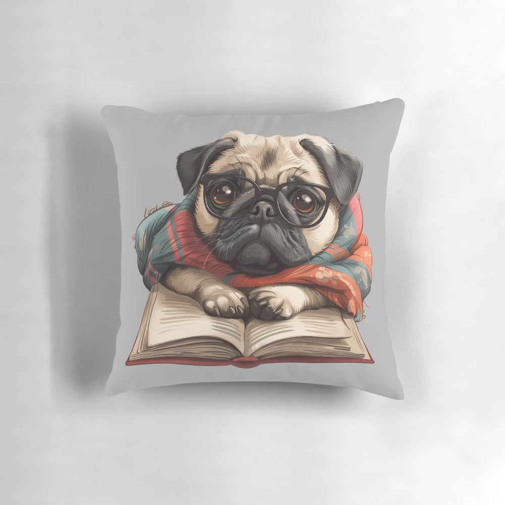 Pug reading a book on a cozy decorative throw pillow