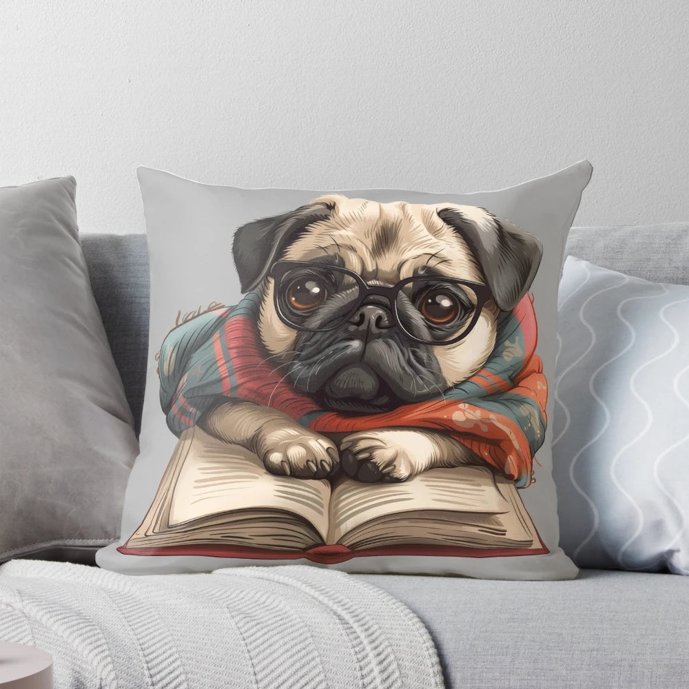 Pug reading a book on a cozy decorative throw pillow