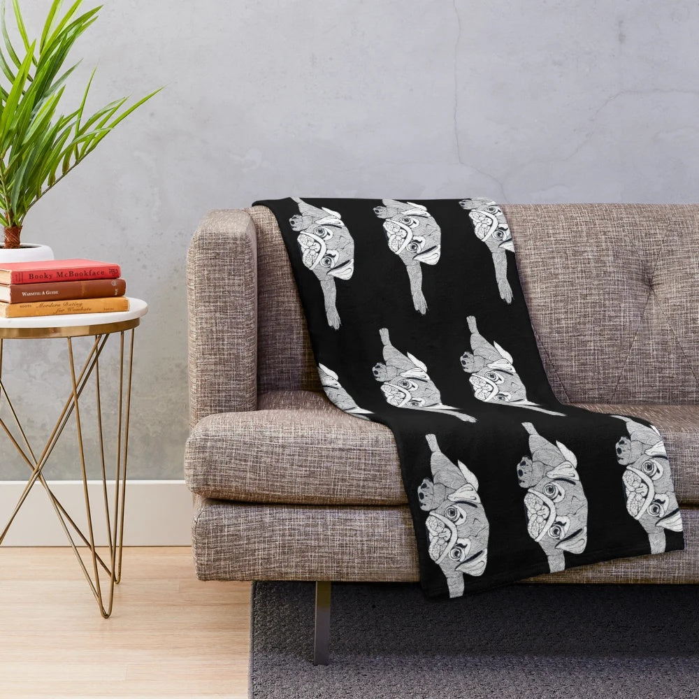 Soft, plush blanket featuring a cute, sleeping pug design