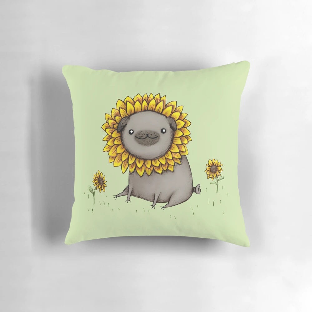 Cozy and colorful pugflower pillow with a happy pug face and sunflower design