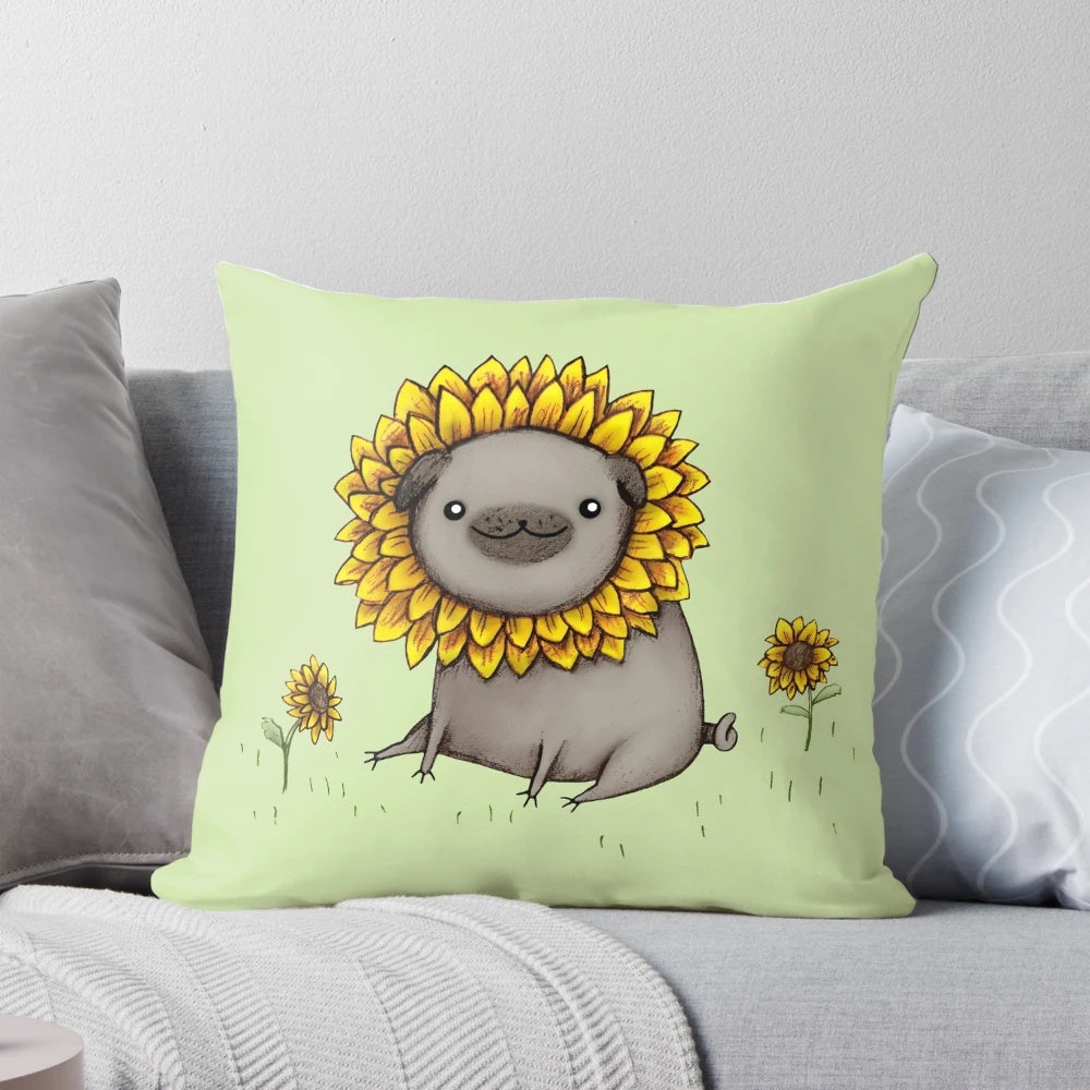 Cozy and colorful pugflower pillow with a happy pug face and sunflower design